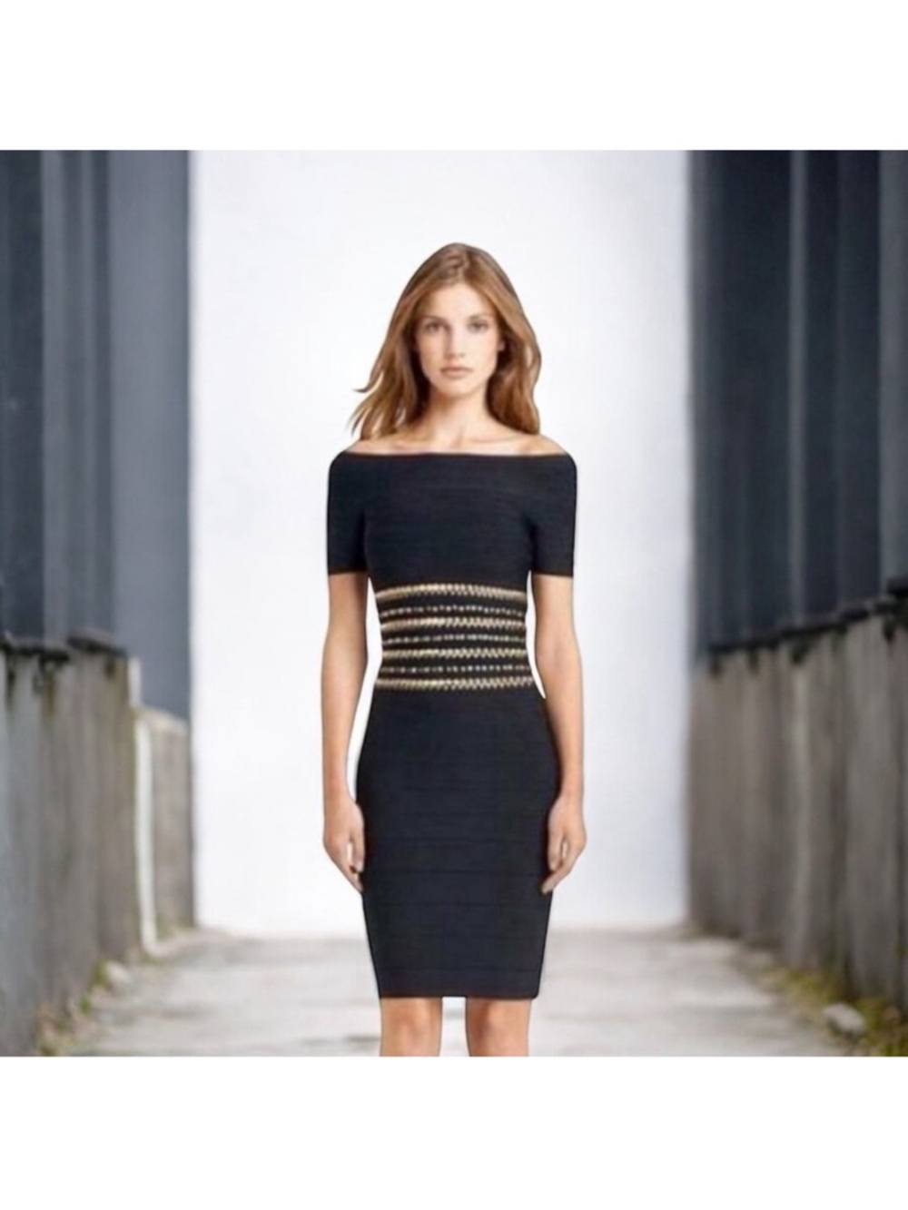 Herve Leger Black One-Shoulder Bandage Dress with Gold Waist Detail